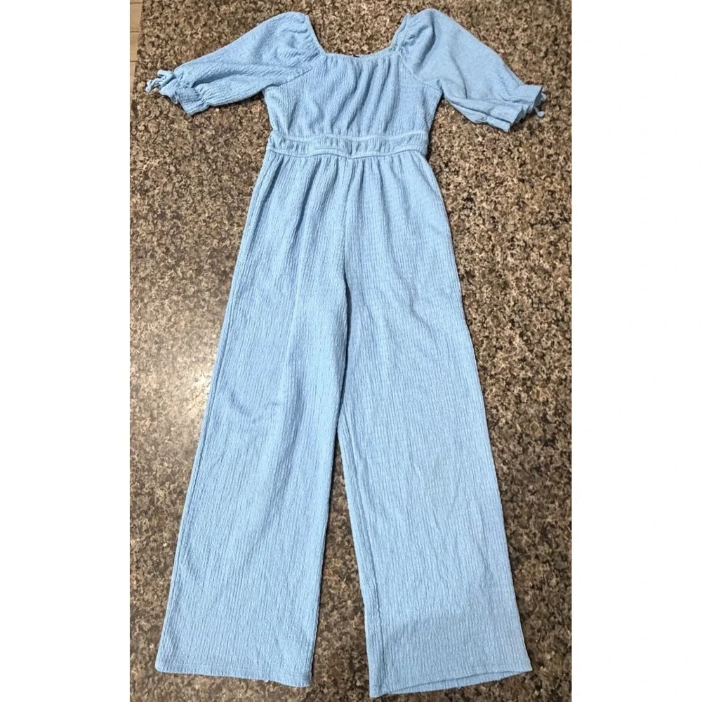 Trixxi Girl Kids Blue Textured‎ Wide Leg Jumpsuit Puff Sleeve Size S T5B427STLI
